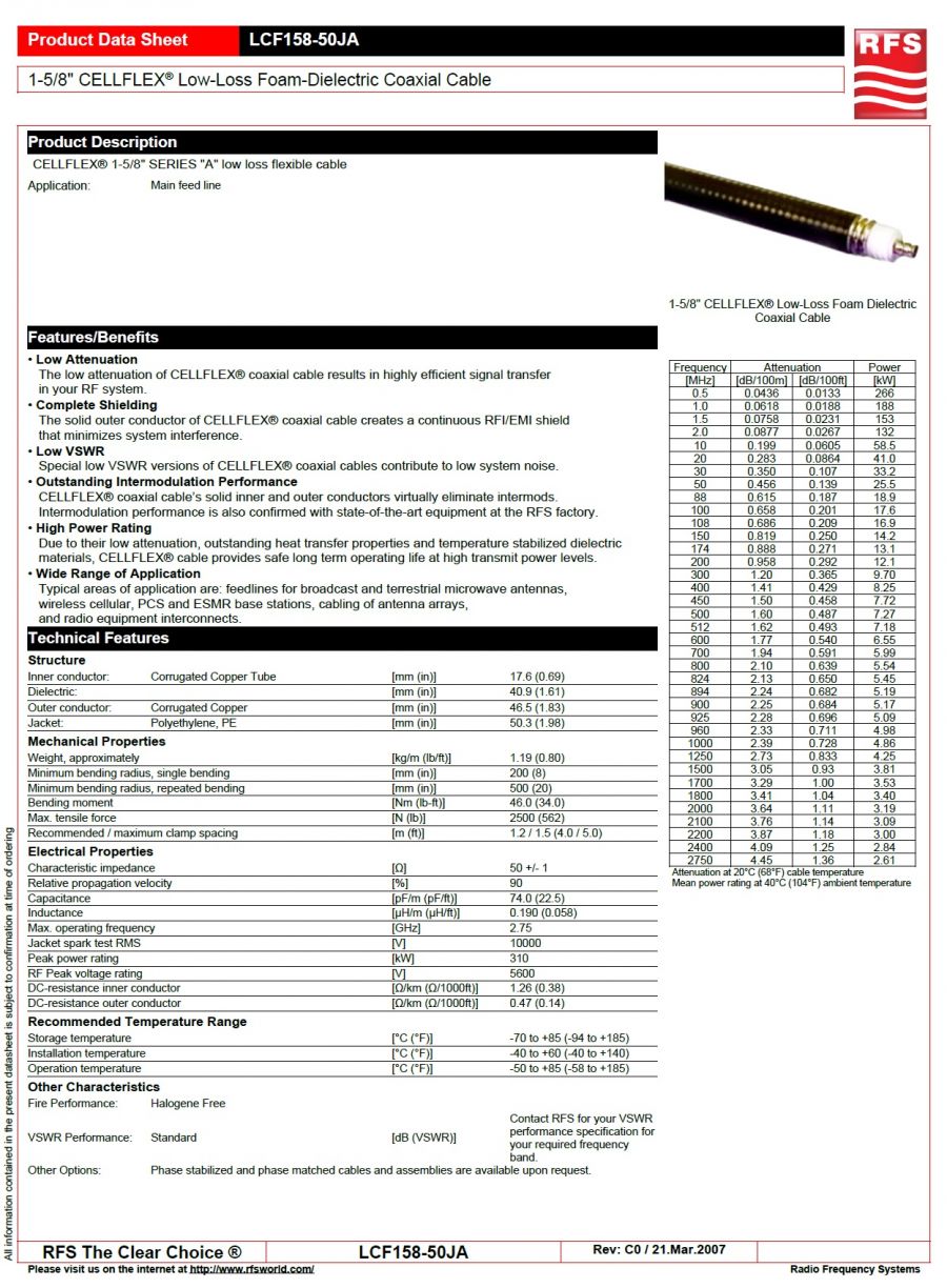RFS-LCF158-50JA 低損耗高頻同軸電纜 Main feed line 1-5/8" CELLFLEX® Low-Loss Foam-Dielectric Coaxial Cable