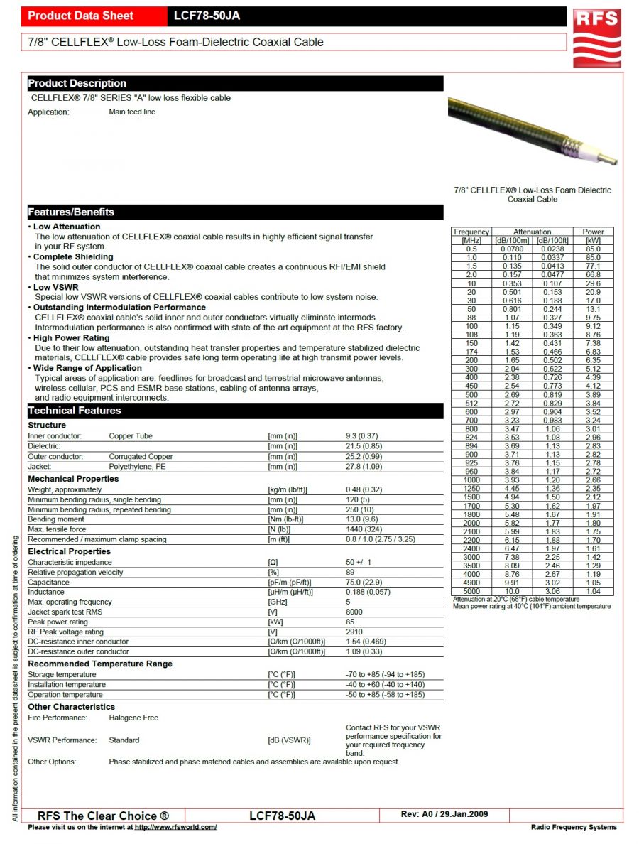 RFS-LCF78-50JA 低損耗高頻同軸電纜 7/8" CELLFLEX® Low-Loss Foam-Dielectric Coaxial Cable