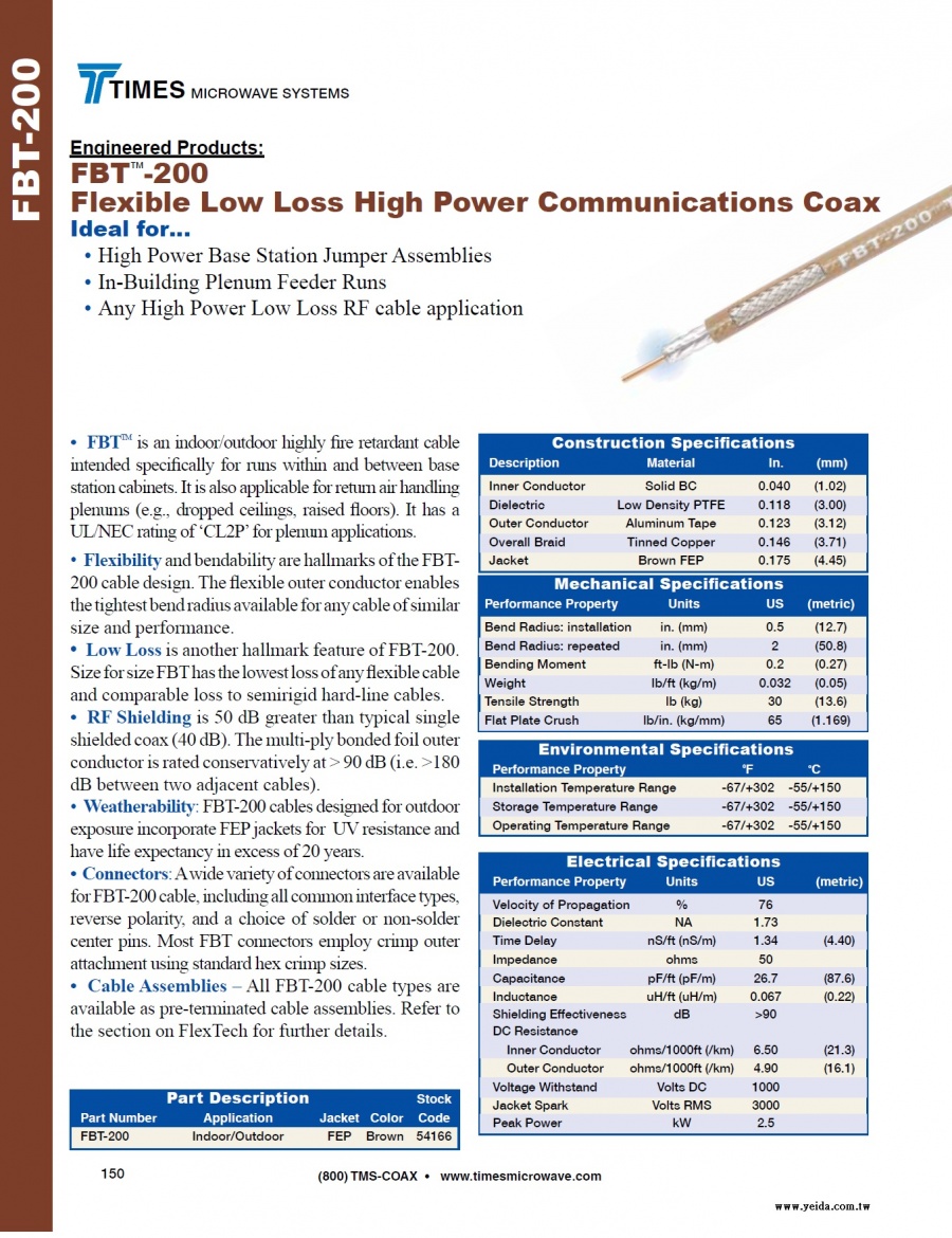 TIMES-FBT-200 Flexible Low Loss High Power Communications Coax ( 50歐姆鐵氟龍低損耗柔性高功率同軸電纜 接頭 工具及跳線組裝)