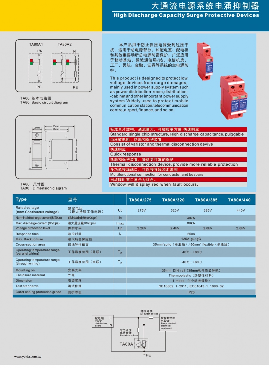 TA80A/275 /320 /385 /440 High Discharge Capacity Surge Protective Devices 大通流电源系统电涌抑制器