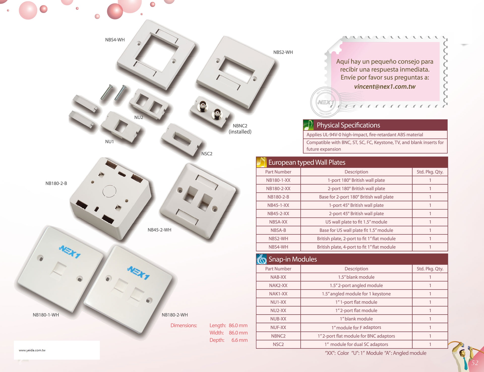 NEX-1 European typed wall plate specifications & ordering references歐規資訊盒面板