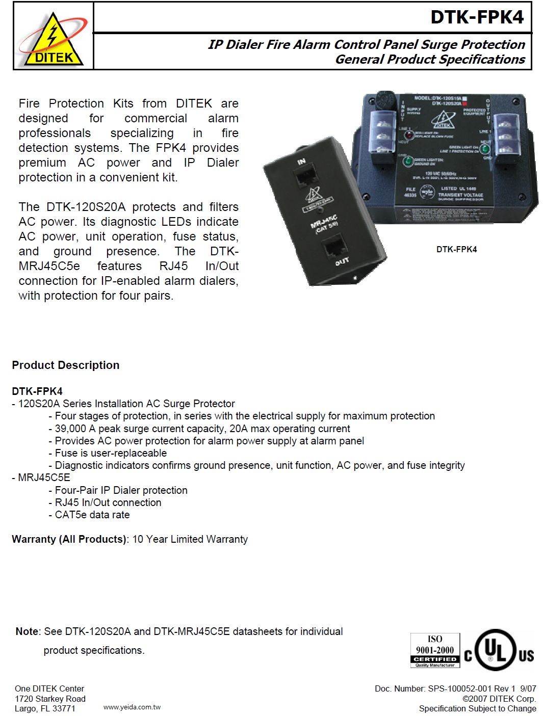Ditek(DTK-MRJ45C5E, DTK-120S20A)IP Dialer Fire Alarm Control Panel Surge Protection, IP撥號器火災報警控制面板浪湧保護( 雷擊保護器)