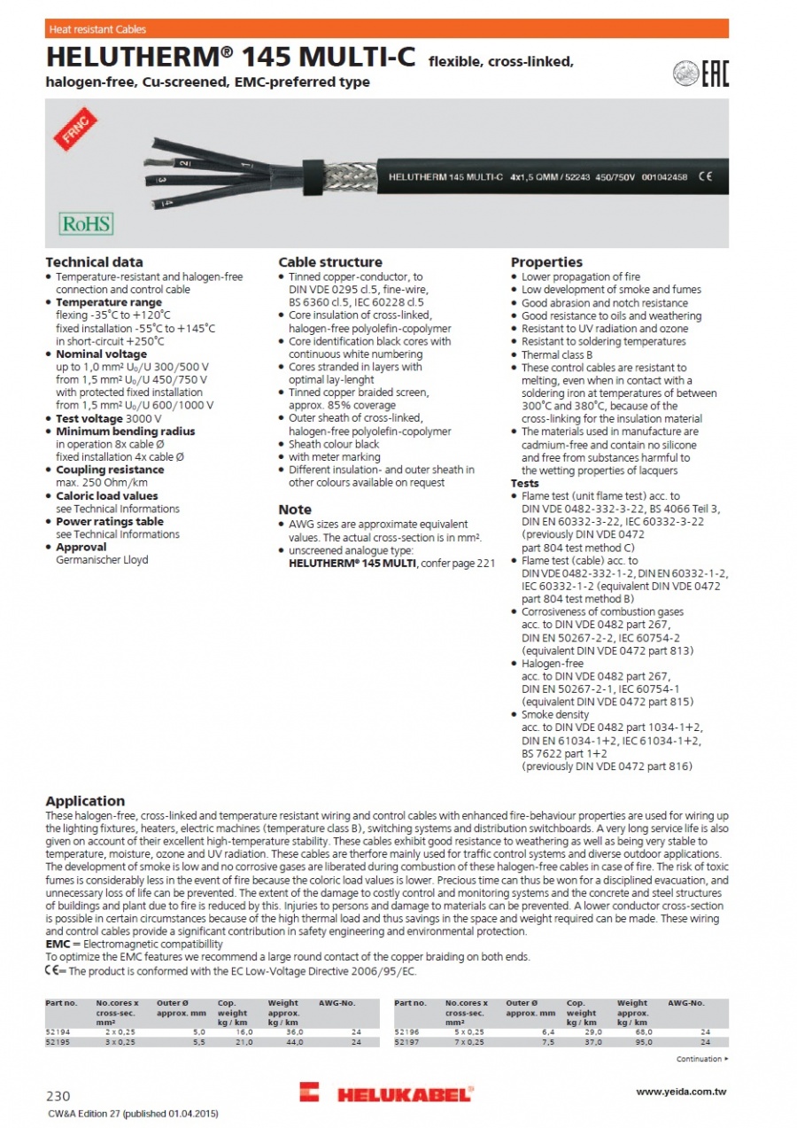 HELUTHERM® 145 MULTI-C flexible, cross-linked, halogen-free, Cu-screened, EMC-preferred type 超柔軟多芯隔離耐熱電纜