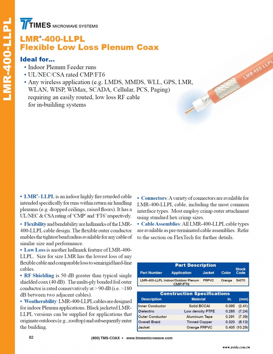 TIMES LMR-400-LLPL Low Loss Plenum ( 50歐姆低損耗室內的鐵氟龍高阻燃同軸電纜 接頭 工具及跳線組裝)