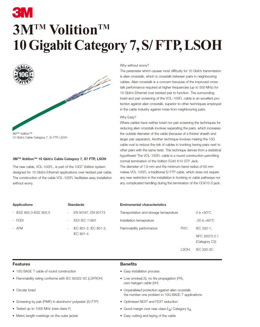 3M-VOL-10SFL4 3M™ Volition™ Cable 10G S/ FTP 100Ω LSOH VOL-10SFL4-500 CAT-7 S-FTP 4P網路線