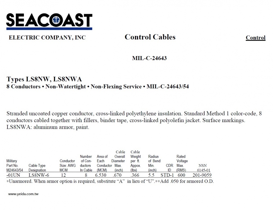 LS8NW/ LS8NWA MIL-DTL-24643/54 Navy Shipboard Cable > MIL-DTL-24643 美國海軍規電纜線