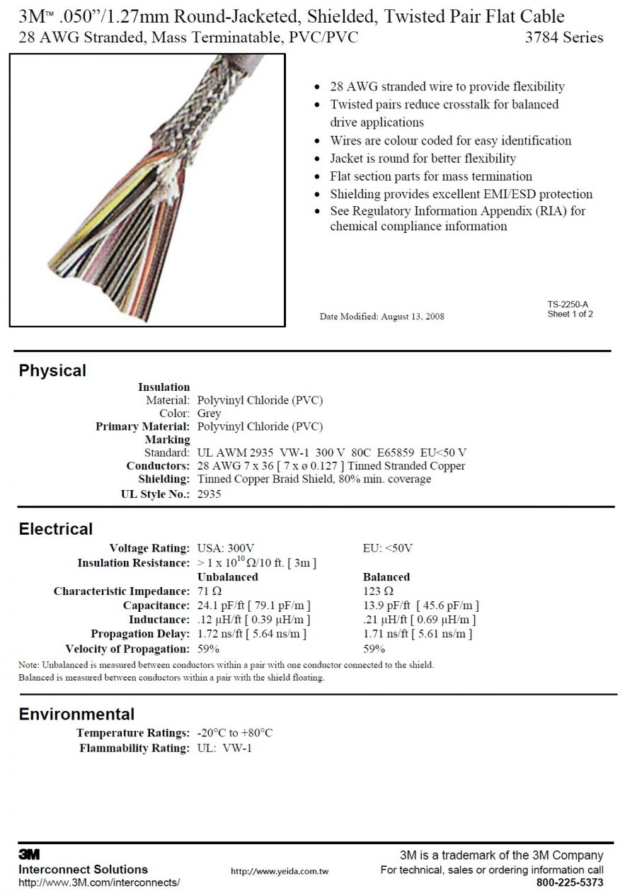 3M™3784 Series .050"/1.27mm Round-Jacketed, Shielded, Twisted Pair Flat Cable, 28 AWG Stranded(5P to 34Pair), Mass Terminatable, PVC/PVC圓形銅網隔離對型灰色PVC圓形外被覆排線