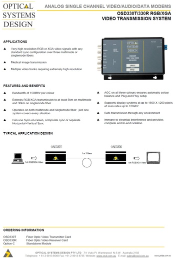 OSD330T/OSD330R RGB/XGA Video Transmission System 視頻/音頻/數據等訊號光電轉換傳輸接收器
