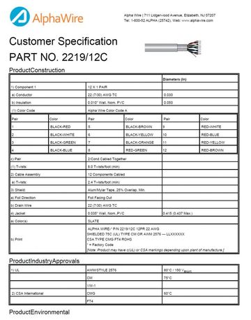 ALPHA-2219/12C PVC-PVC Awg22 x 12Pair 150V FOIL Shielding CA Prop 65, CSA CMG, FT4, UL 2576, CM, VW/1 對型鋁箔隔離通信和控制电缆