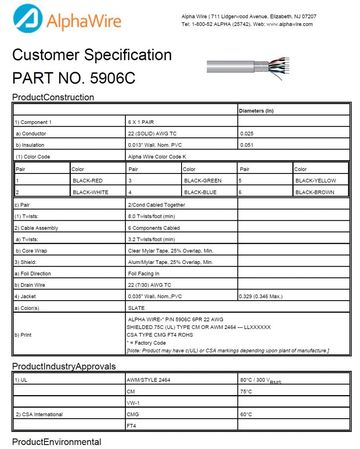 ALPHA-5906C Awg22 x6Pair Foil Shield 300V CA Prop 65, CSA CMG, FT4, UL 2464, CM 鋁箔隔離信號控制電纜