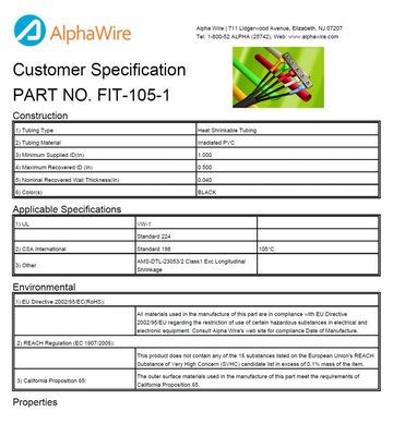 ALPHA-FIT-105-1 2:1 IRR PVC -20 to 105 CSA 198, UL 224, UL VW-1 Irradiated PVC 交聯PVC熱縮管