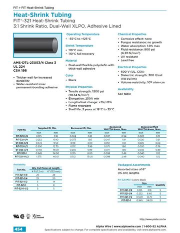 ALPHA- FIT®-321 Heat-Shrink Tubing 3 : 1 Shrink Ratio, AMS-DTL-23053/4 Class 3 UL 224 CSA 198 Dual-Wall XLPO, Adhesive Lined 熱縮管產品圖