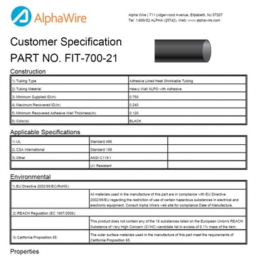 ALPHA-FIT-700-21 3:1 IRR PO w/Thermoplastic Adhesive -55 to 90 CA Prop 65, CSA 22.2, REACH , RoHS, UL 486D 90°C 連續使用時，2KV高電壓熱縮管產品圖