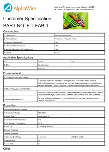 ALPHA-FIT-FAB-1 2:1 Polyethylene/Polyester Fabric -40 to 125 °C CA Prop 65, REACH Regulation, RoHS, UL UZKX2 柔性聚乙烯/聚酯熱縮管