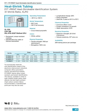 ALPHA- FIT®-PRINT Heat-Shrinkable Identification System 3:1 Shrink Ratio, XLPO 交連 PO 熱縮管