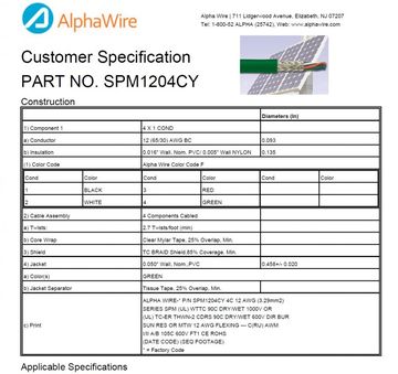 ALPHA SPM1204CY Awg12 x 4C BRAID Shielding PVC/NYLON 1000V ROHS UL 1277 Type TC-ER, MTW, VW/1 Solar Cable PV 耐油抗日照可直埋銅網隔離太陽能光伏電纜