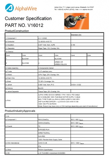 ALPHA-V16012 Awg 12 x 4C 600V FOIL/BRAID Shielding VFD WTTC, UL XHHW-RHW-2Wet/Dry V 系列變頻驅動器電纜產品圖