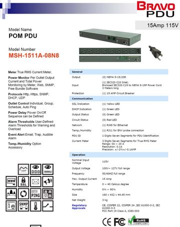 DGP-MSH-1511A-08N8 POM PDU 15Amp 115V 8孔排插智慧型電源監控器-可支援近端與遠端監控整組排插的電力消耗.