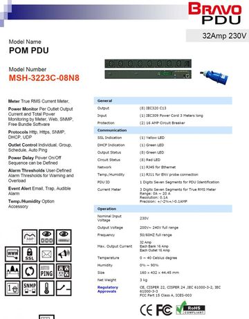 DGP-MSH-3223C-08N8 POM PDU 32Amp 230V 8孔排插智慧型電源監控器-可支援近端與遠端監控整組排插的電力消耗
