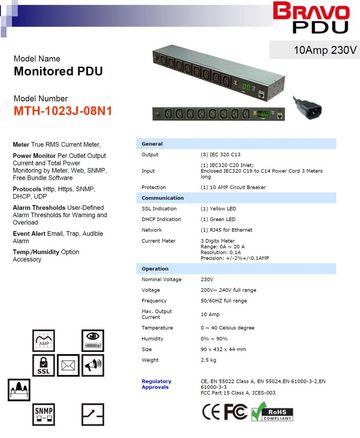 DGP-MTH-1023J-08N1 Monitored PDU 10Amp 230V 8孔排插智慧型遠端電源監控器-數位型 可透過SNMP網路遠端監看排插負載功能產品圖