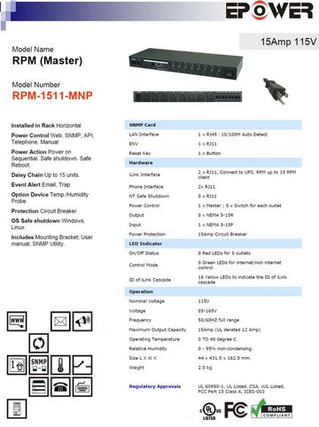 DGP-RPM-1511-MNP RPM (Master) 15Amp 115V 8孔排插智慧型電源電力管理系統-可利用電腦網路及手機監控產品圖