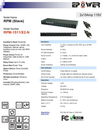 DGP-RPM-1511/X2-N RPM (Slave) 15Amp 115V 8孔排插(雙電源輸入)智慧型電源電力管理系統-可利用電腦網路及手機監控
