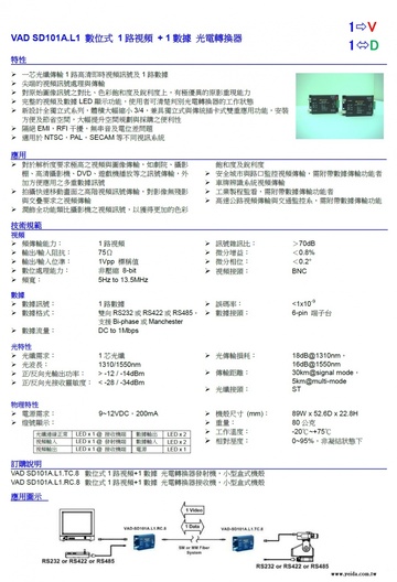 YD-VAD-SD101A-L1-8 TC/RC.8 Digital 1 Video + Universal Data 一芯光纖傳輸1路高清即時視頻訊號及1路數據 光電轉換器