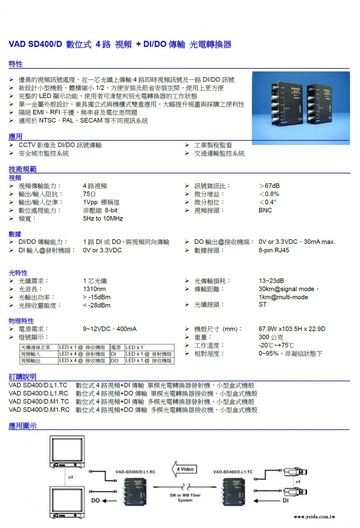 YD-VAD-SD400D-L1 TC/RC Digital 4 Video + DI/DO 數位式 4路 視頻 + DI/DO傳輸光電轉換器