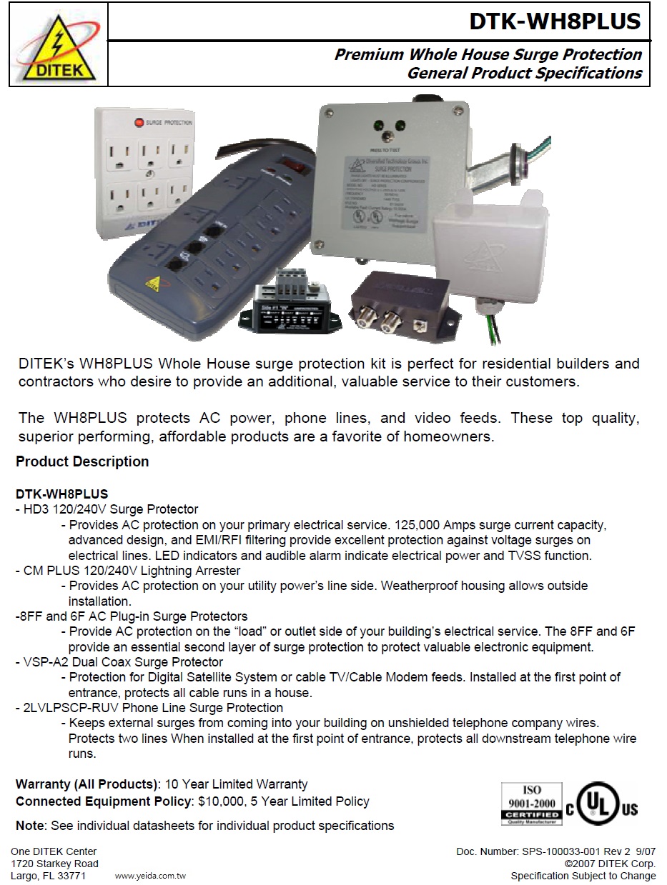 DTK-WH8PLUS(DTK – 120/240 DH3, DTK –2LVLPSCP-RUV, DTK – VSP – A 及DTK – 120/240 CM+,) 豪華型 全家住宅電器用品 系統雷擊保護器套件