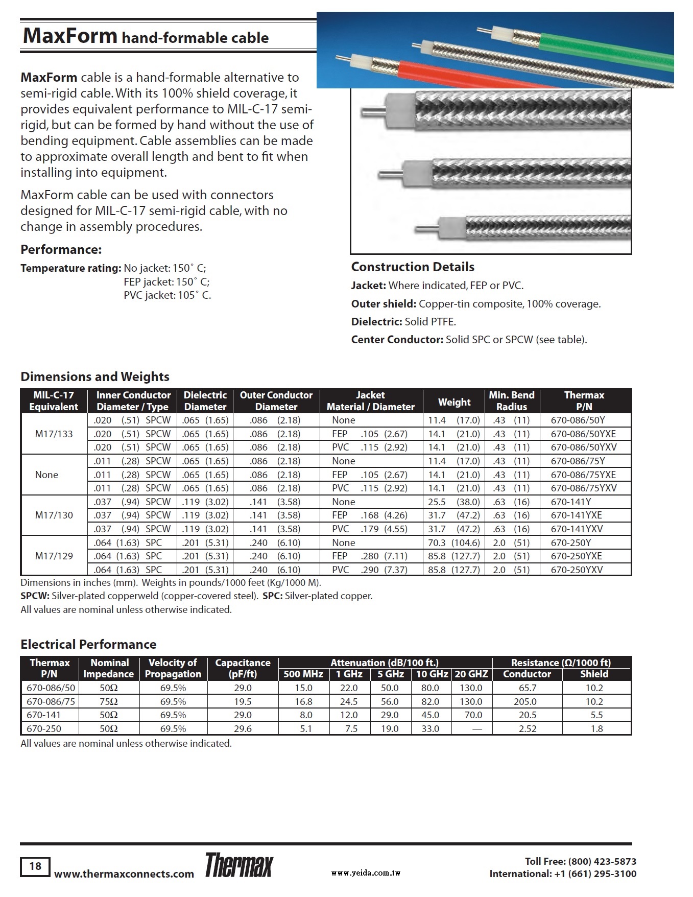 Carlisle-MaxForm® Formable  semi-rigid Coaxial Cable 50歐姆鍍銀鐵氟龍耐高低溫低損耗MaxForm®可成型同軸電纜