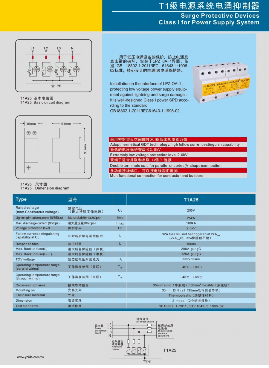 T1A25 Surge Protective Devices Class I for Power Supply System T1级電源系统電湧抑制器