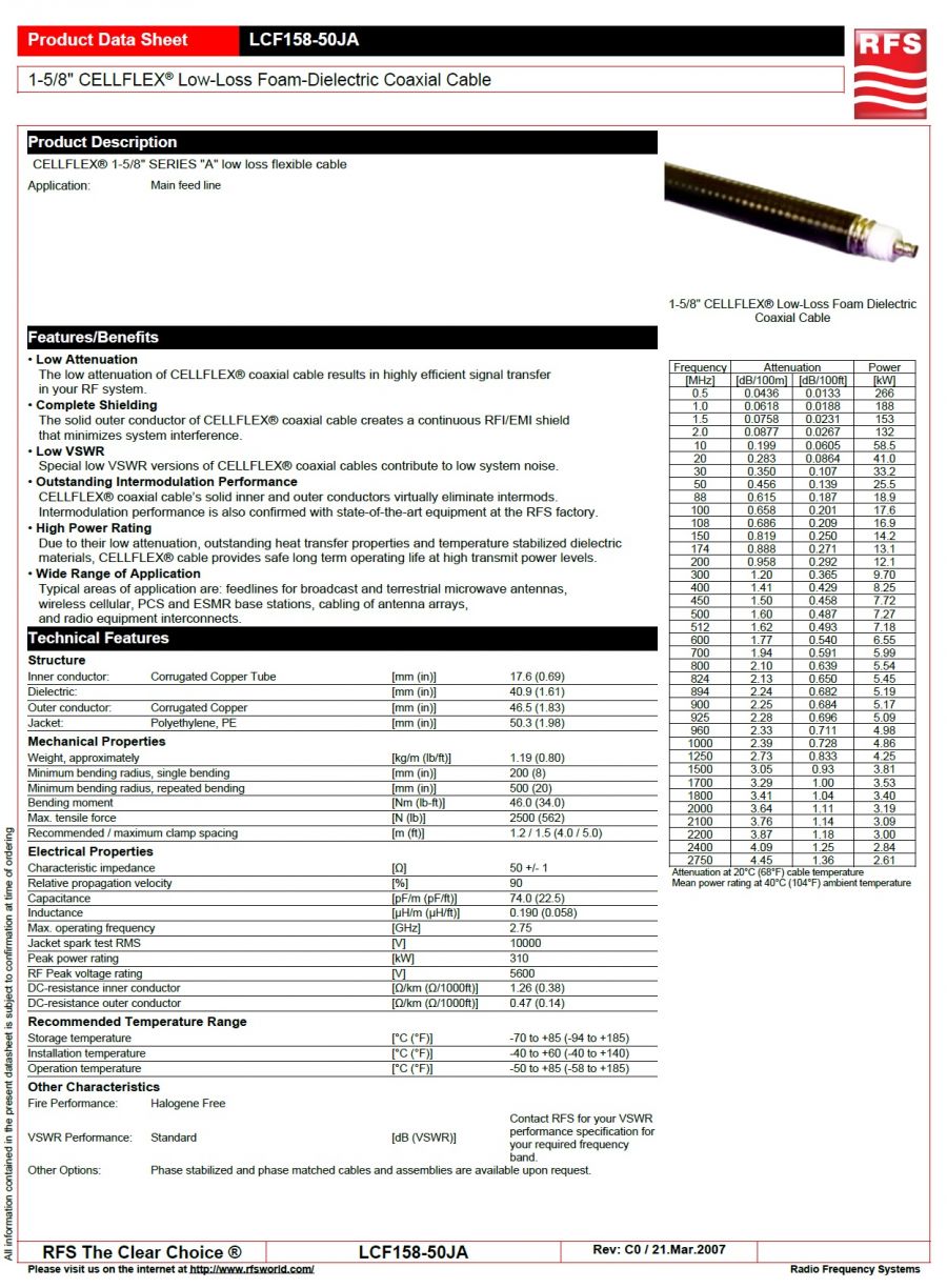 RFS-LCF158-50JA 低損耗高頻同軸電纜 Main feed line 1-5/8