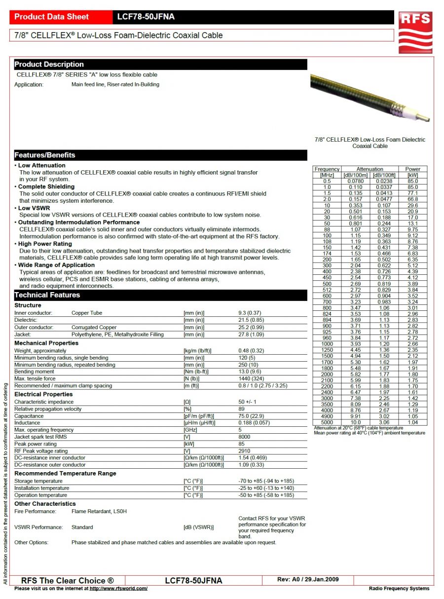 RFS-LCF78-50JFNA 低損耗高頻同軸電纜Main feed line, Riser-rated In-Building 7/8