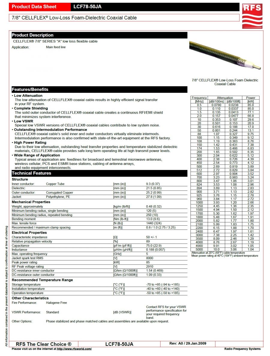 RFS-LCF78-50JA 低損耗高頻同軸電纜 7/8