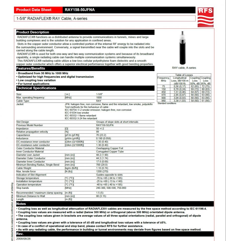 RFS-RAY158-50JFNA 低煙無鹵漏波電纜 1-5/8" RADIAFLEX® RAY Cable, A-series