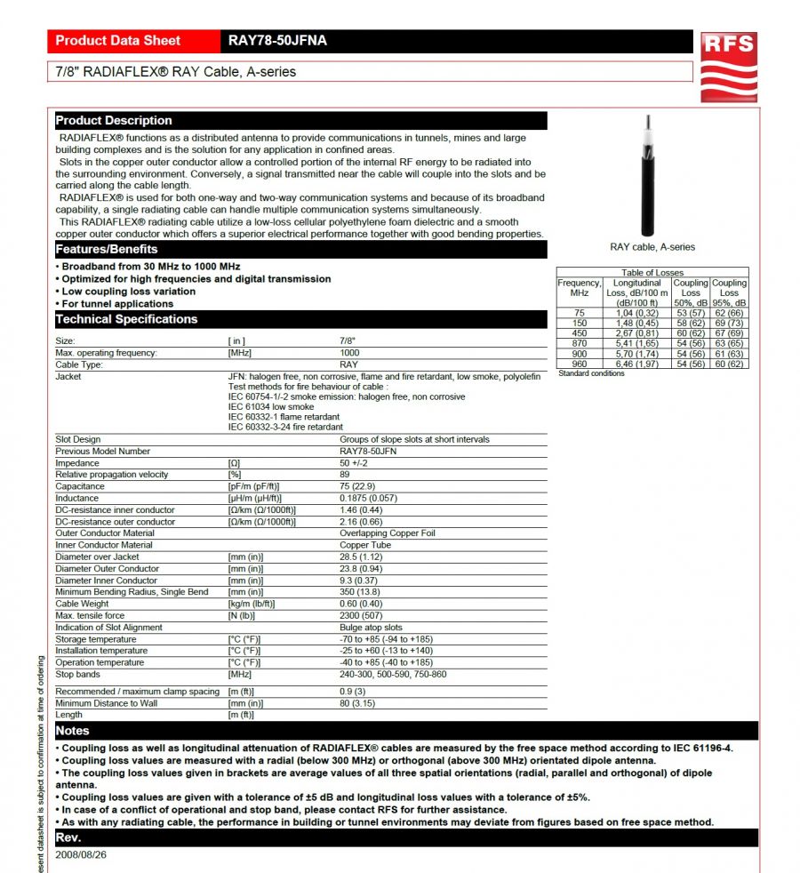 RFS-RAY78-50JFNA 低煙無鹵漏波電纜 7/8" RADIAFLEX® RAY Cable, A-series