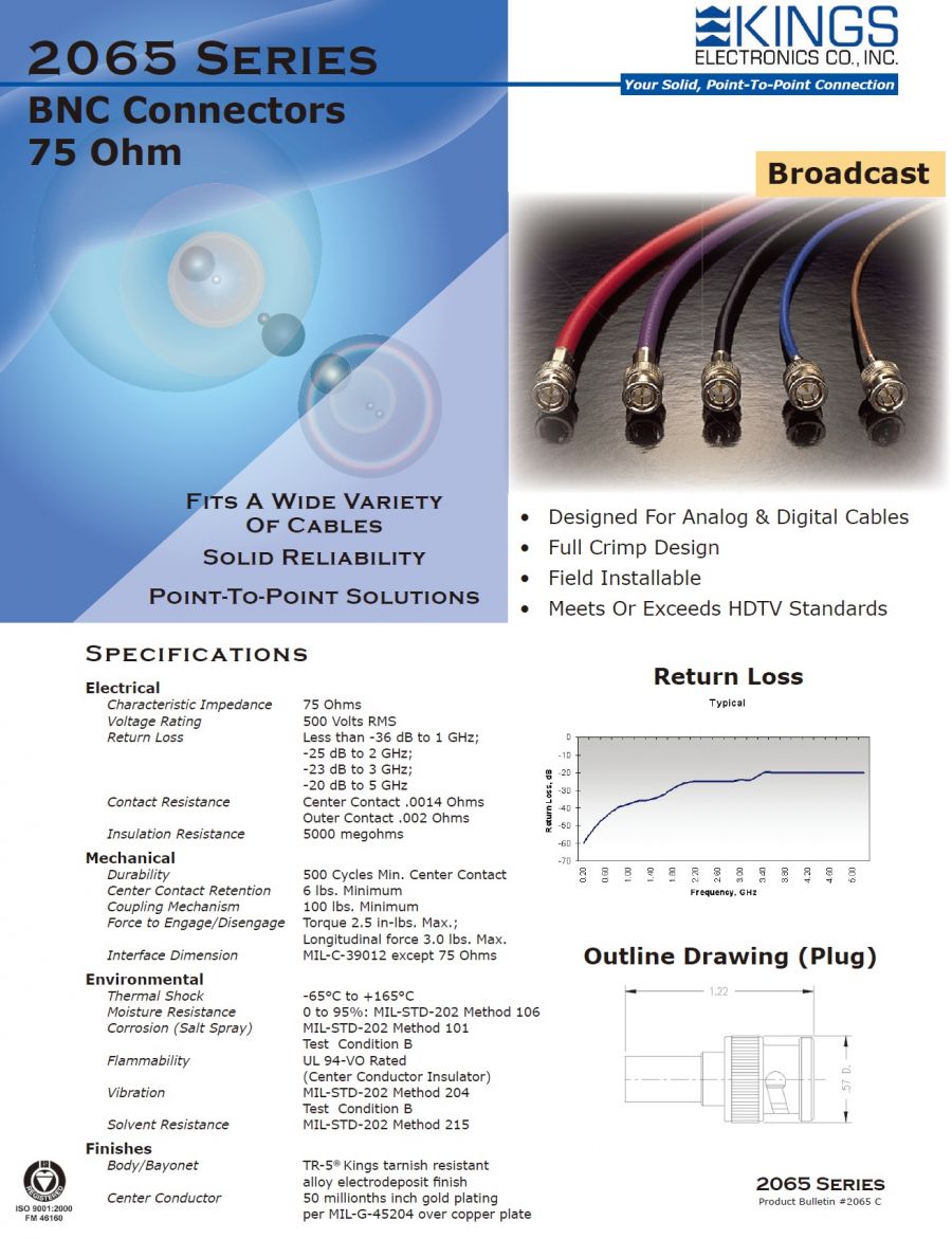 Kings-2065-7-9 75 Ohm RF高頻同軸電纜 RG-59 BNC接頭 for Belden 8241A