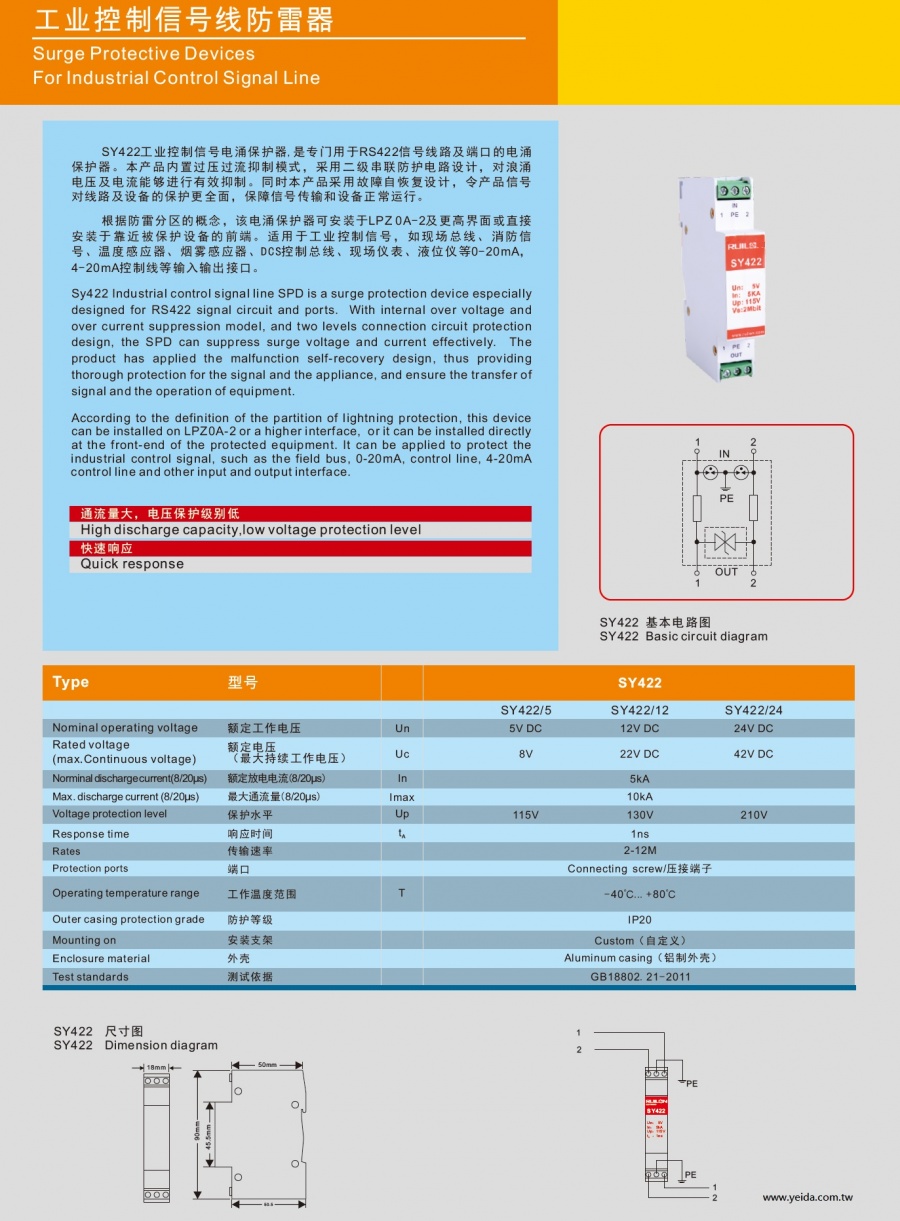 SY422 Surge Protective Devices For RS-422 Industrial Control Signal Line 工業電腦控制信号线防雷器