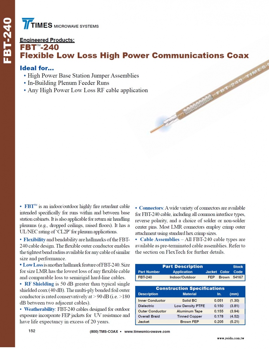 TIMES-FBT-240 Flexible Low Loss High Power Communications Coax ( 50歐姆鐵氟龍低損耗柔性高功率同軸電纜 接頭 工具及跳線組裝)產品圖