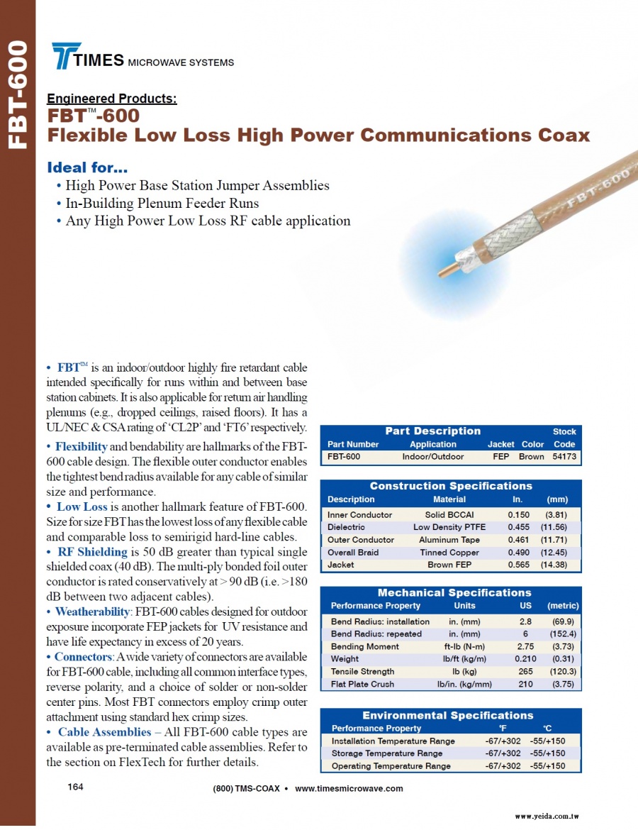 TIMES-FBT-600 Flexible Low Loss High Power Communications Coax ( 50歐姆鐵氟龍低損耗柔性高功率同軸電纜 接頭 工具及跳線組裝)產品圖