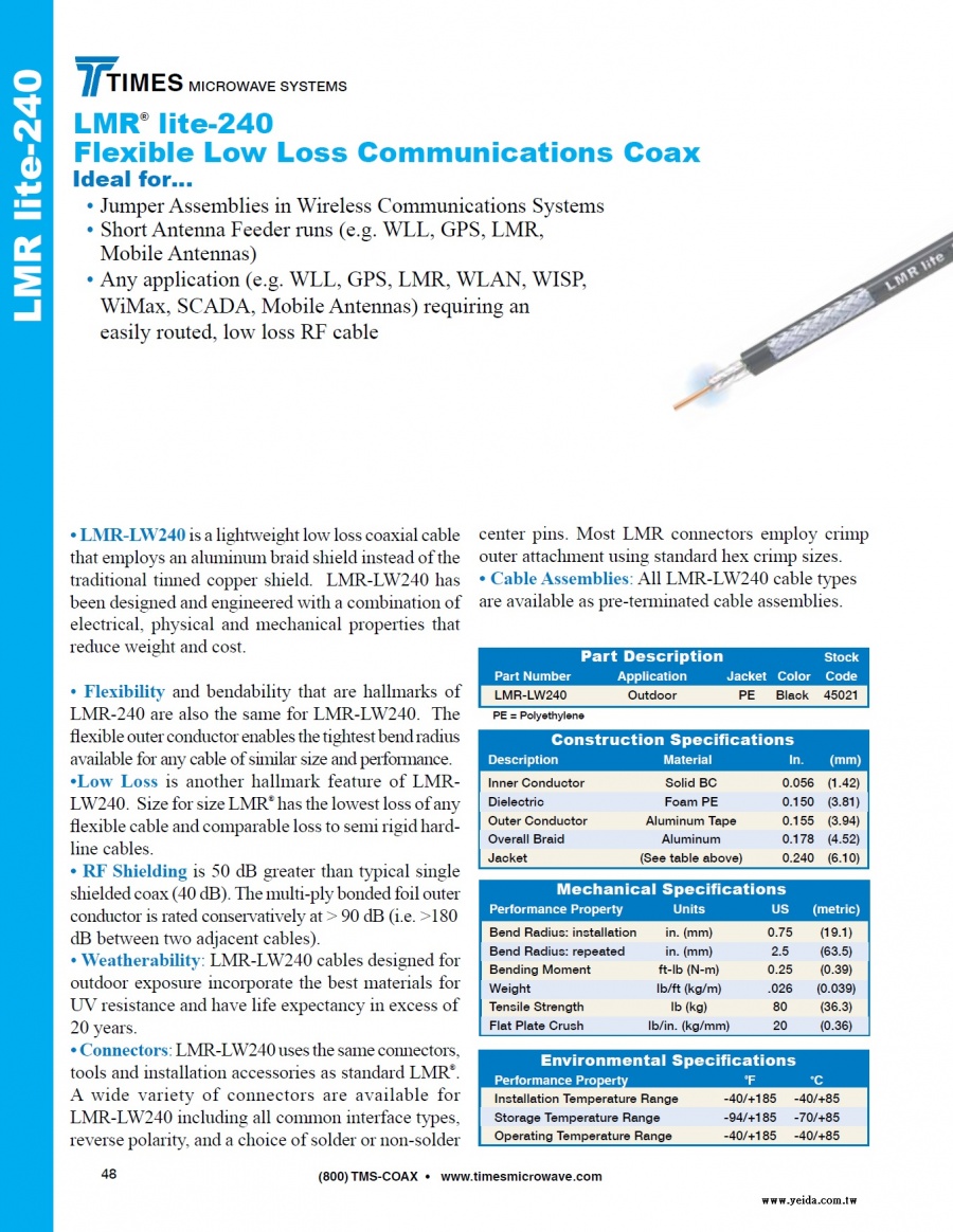 TIMES-LMR-LW240 lightweight low loss coaxial cable 50歐姆低損耗質輕低成本同軸電纜 接頭 工具及跳線組裝產品圖
