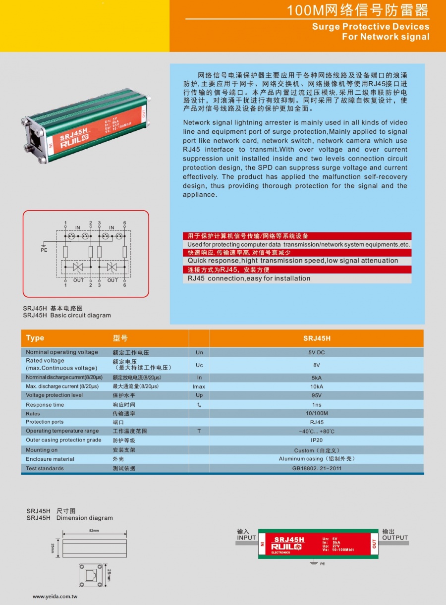 SRJ45H Surge Protective Devices For Network signal 100M 網络信号防雷器