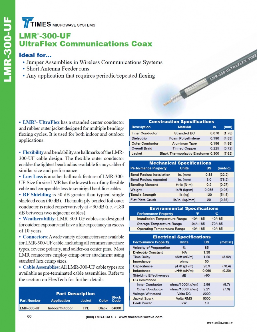 TIMES-LMR®-300-UF UltraFlex Communications Coax ( 50歐姆超軟移動式低損耗同軸電纜 接頭 工具及跳線組裝)產品圖