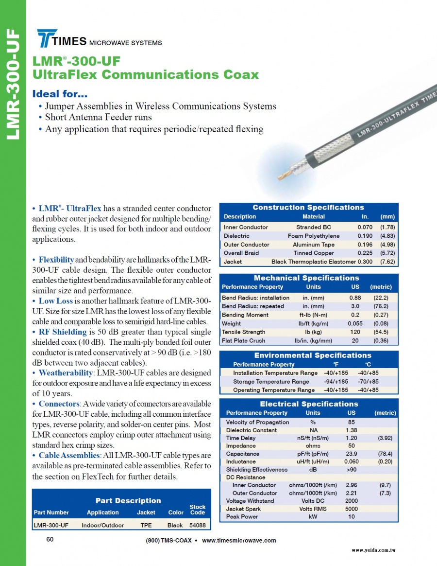 TIMES-LMR®-300-UF UltraFlex Communications Coax ( 50歐姆超軟移動式低損耗同軸電纜 接頭 工具及跳線組裝)產品圖