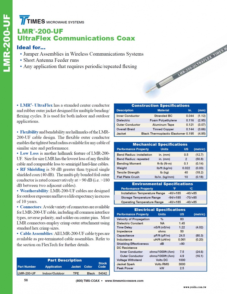 TIMES, LMR200-UF UltraFlex Communications Coax ( 50歐姆超軟移動式低損耗同軸電纜 接頭 工具及跳線組裝)產品圖