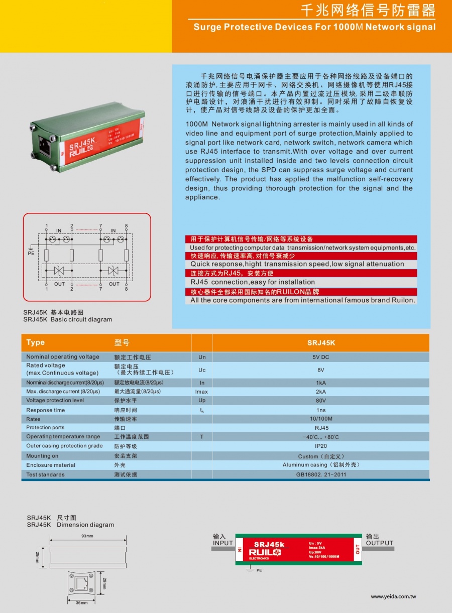 SRJ45K Surge Protective Devices For 1000M Network signal 千兆网络信号防雷器