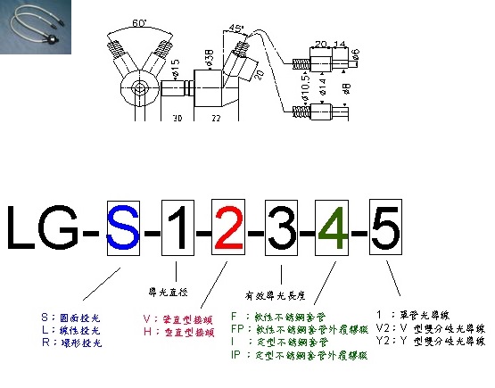 TFO-工業用6MM 日製牛角形(V)雙分歧玻璃光纖光導線(筆直型接頭, 定型不鏽鋼套管)產品圖