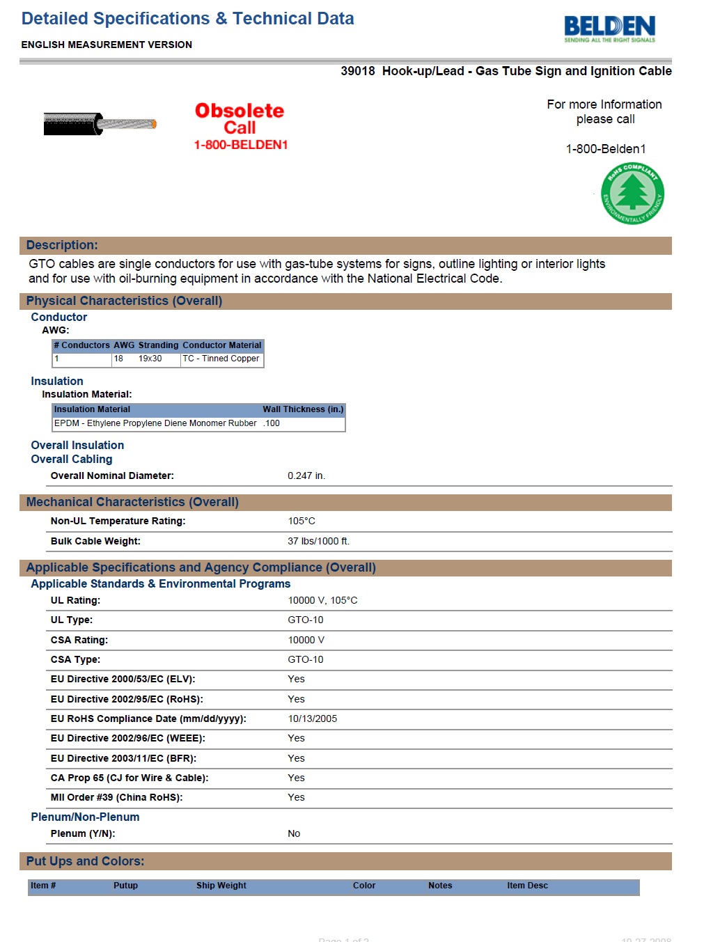 Belden39018 Hook-up/Lead - Gas Tube Sign and Ignition Cable 10000 V, 105°C  燃氣管高壓點火電子線