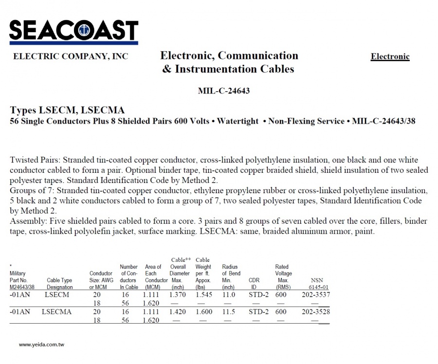 LSECM/ LSECMA MIL-DTL-24643/38 Navy Shipboard Cable > MIL-DTL-24643 美國海航船舶軍規電線產品圖