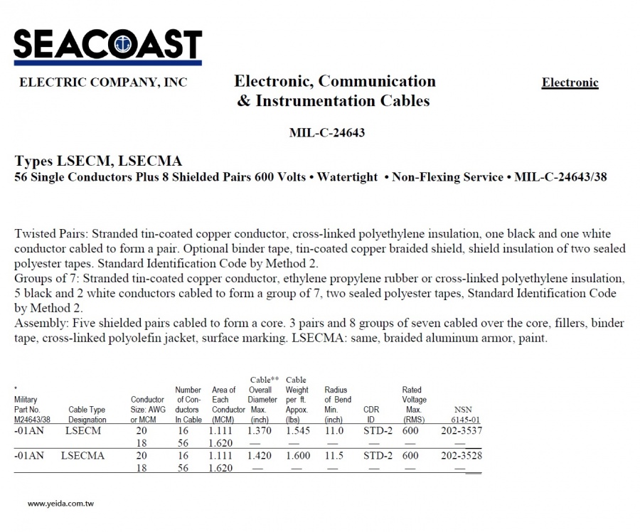 LSECM/ LSECMA MIL-DTL-24643/38 Navy Shipboard Cable > MIL-DTL-24643 美國海航船舶軍規電線